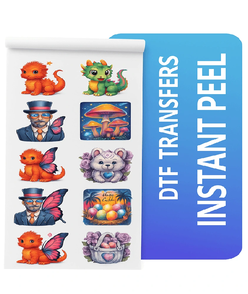 Gang sheet of colorful instant peel DTF transfers for apparel